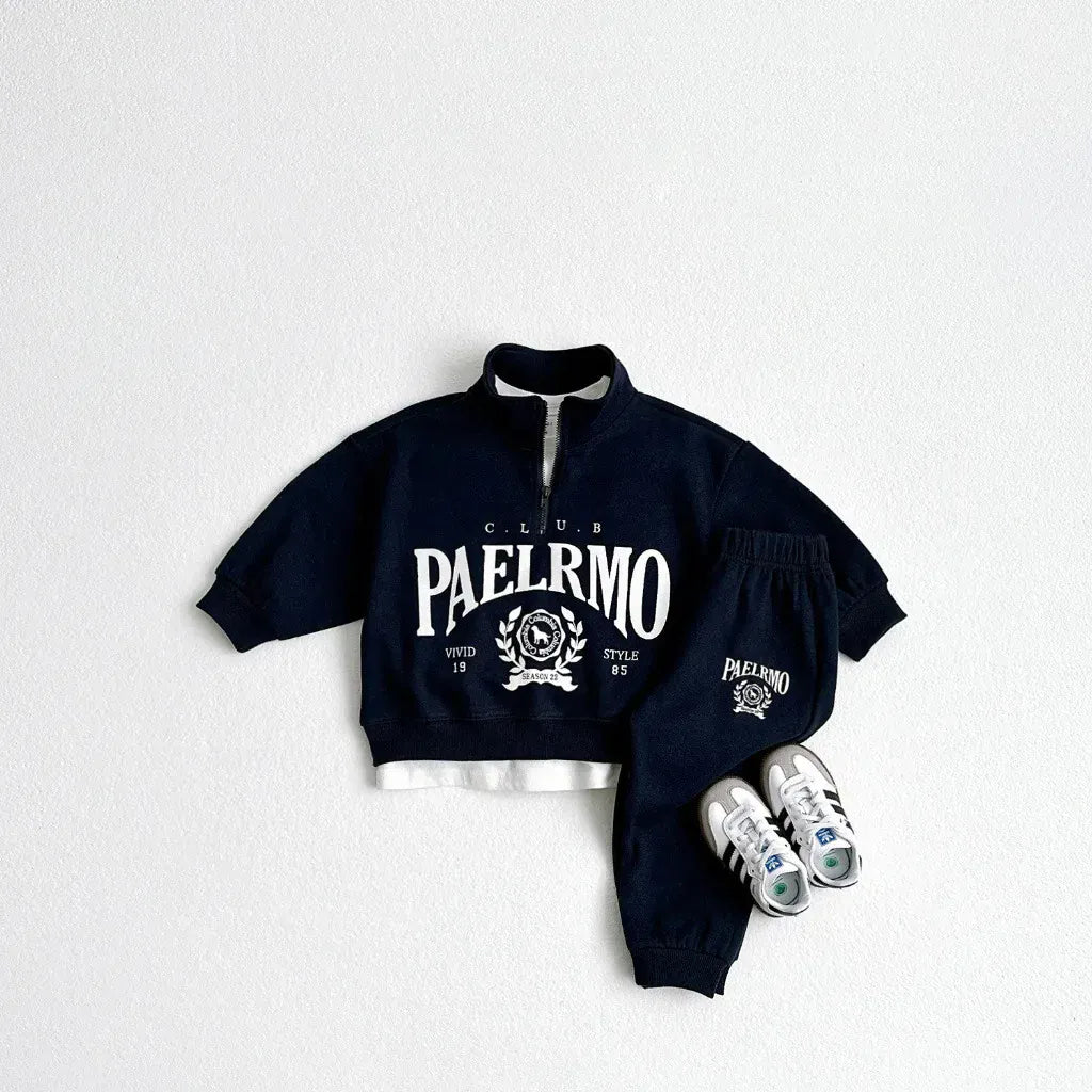 長袖セットアップ navy / 12M  80cm キッズセットアップ 2点セット ハーフジップスウェットシャツ+スウェットパンツ レターロゴプリント 4カラー