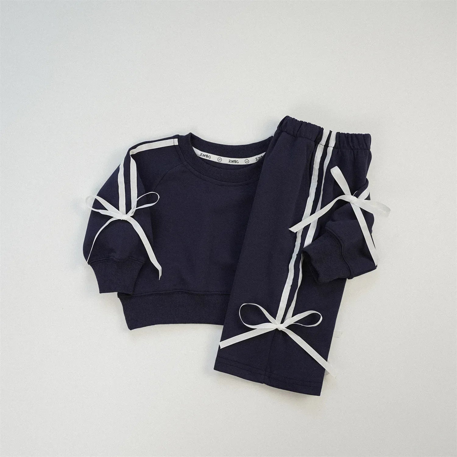 長袖セットアップ Navy / 12M  80CM キッズセットアップ 2点セット スウェット ジャージ リボンライン 長袖スウェットシャツ+ロングパンツ 4カラー【mh0006347】