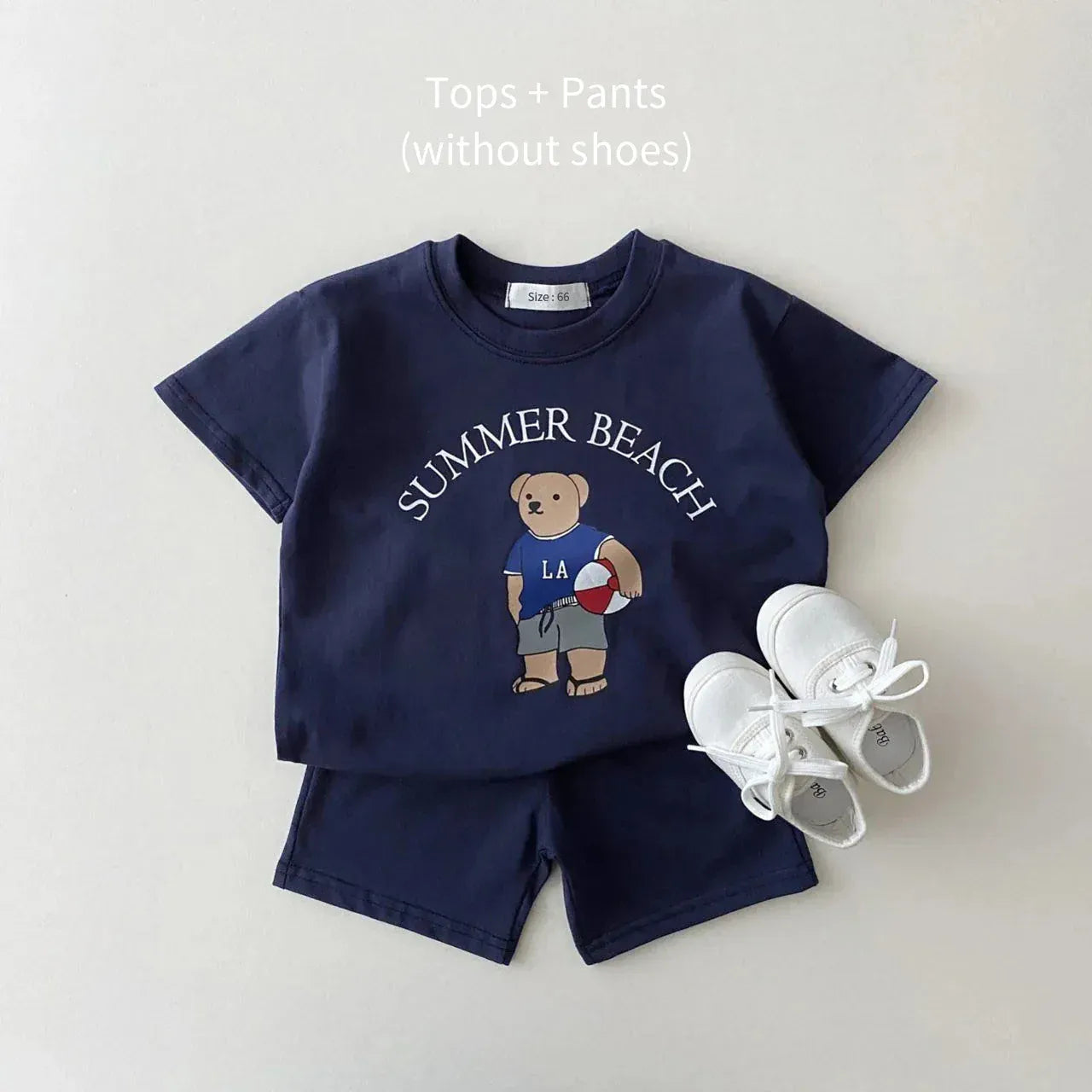 半袖セットアップ Navy / 73cm ベビーキッズセットアップ 2点セット 半袖Tシャツ+ショートパンツ ベアくまプリント【mh0005639】