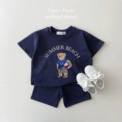 半袖セットアップ Navy / 73cm ベビーキッズセットアップ 2点セット 半袖Tシャツ+ショートパンツ ベアくまプリント【mh0005639】