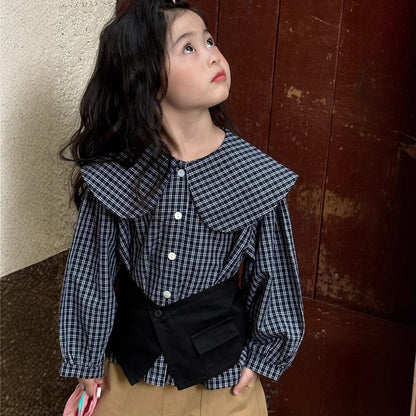 長袖シャツ・ブラウス Navy / 90cm ビッグ襟チェックブラウス【mh0010566】