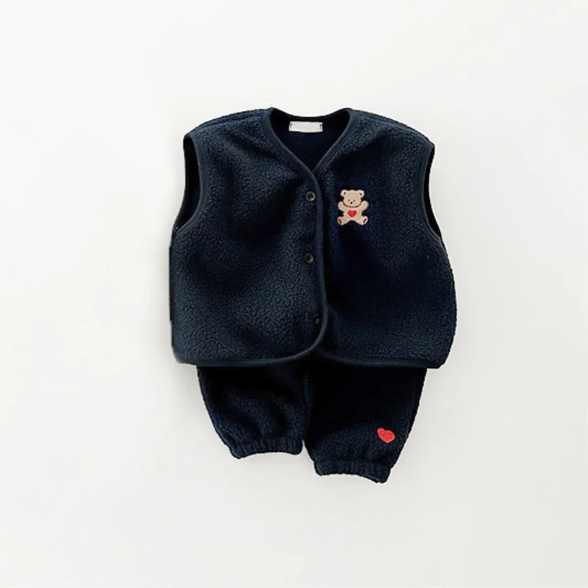 ノースリーブセットアップ navy / 9M  73cm / 取り寄せ（7〜21日） ベビーセットアップ 2点セット フリースベスト パンツ くまベア刺繍 2カラー ボーイズ 男の子 子供服