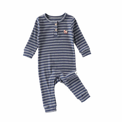 長袖ロンパース Navy Blue / 66cm ボーダー長袖ジャンプスーツロンパース【mh0010731】