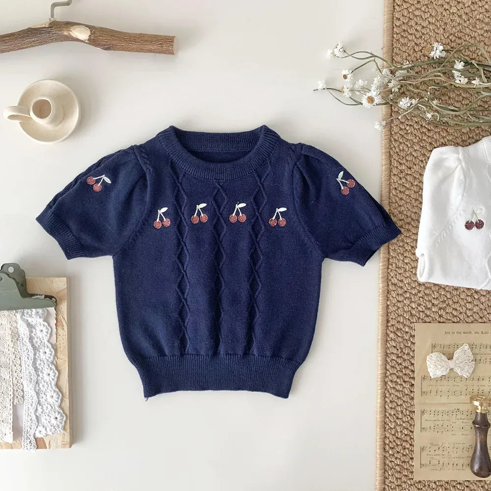 ニット・セーター Navy blue / 73cm ベビーキッズトップス サマーニット 半袖サマーセーター チェリー さくらんぼ 刺繍 2カラー