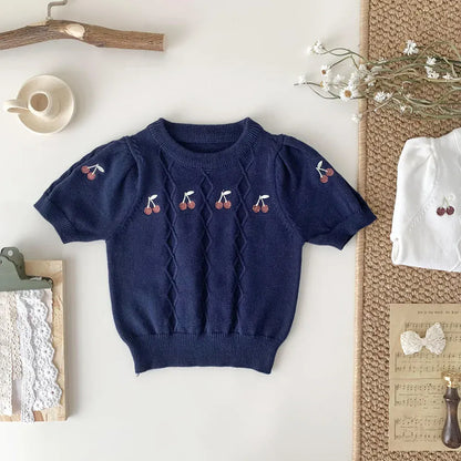 ニット・セーター Navy blue / 73cm ベビーキッズトップス サマーニット 半袖サマーセーター チェリー さくらんぼ 刺繍 2カラー