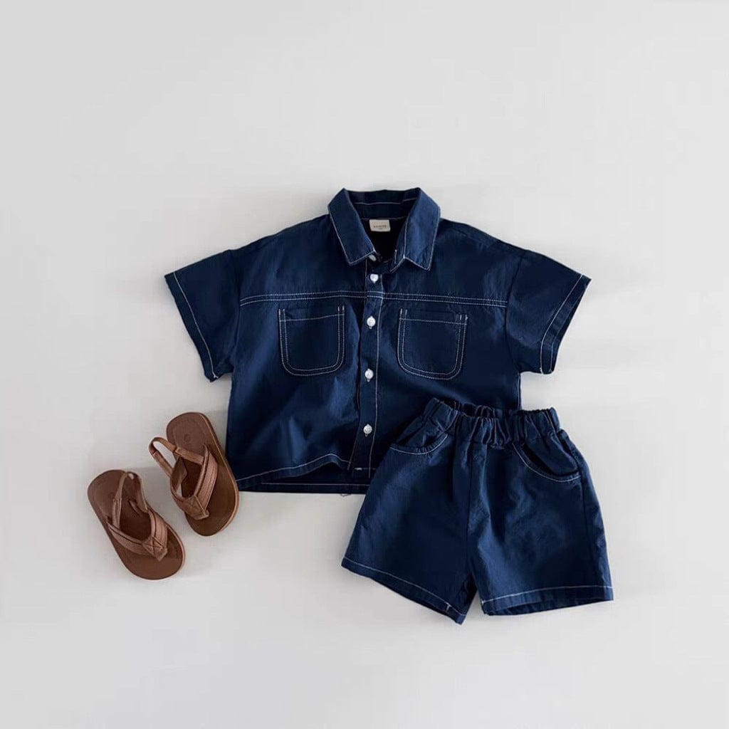 半袖セットアップ Navy Blue / 73cm デニム半袖シャツ+ショートパンツセットアップ 2点セット【mh0010376】