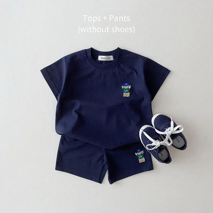 半袖セットアップ Navy Blue / 73cm / 取り寄せ（3〜14日） ベビーキッズセットアップ 2点セット 半袖Tシャツ+ショートパンツ ベアくま刺繍 6カラー【mh0005629】