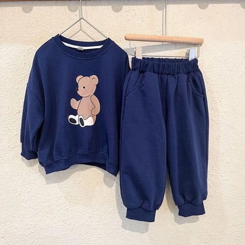 長袖セットアップ navy blue / 80cm キッズ スウェット セットアップ くま ベア プリント 長袖 トレーナー パンツ ユニセックス