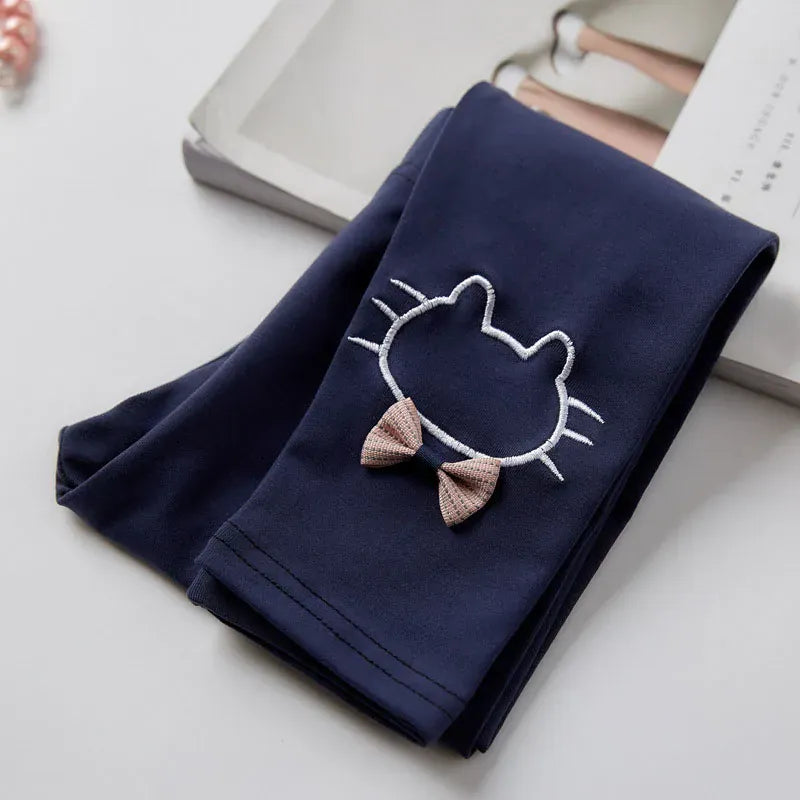 レギンスパンツ Navy Blue / 90cm キッズパンツ レギンスパンツ ねこキャットリボン刺繍 スパッツ 5カラー【mh0006451】