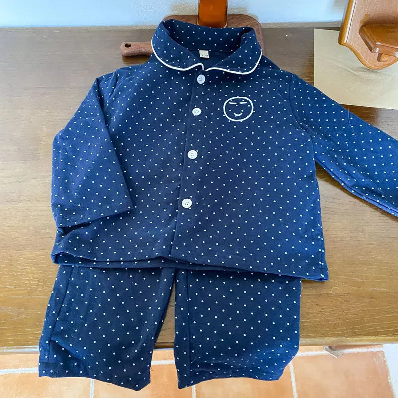 長袖パジャマ navy blue one set / 80cm キッズパジャマ 長袖パジャマセット 水玉ドットプリント 長袖シャツ ロングパンツ カーキ/ネイビーブルー/2カラー