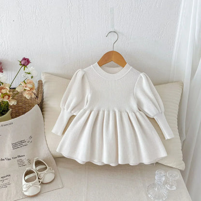長袖ワンピース Off-White / 73cm 6-9M ベビーキッズワンピース 長袖パフスリーブニットドレスミニワンピース 4カラー【mh0007291】