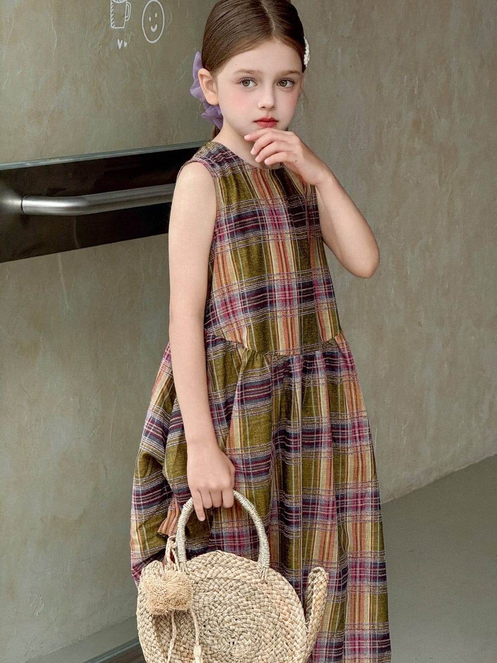 ノースリーブワンピース Olive / 100cm レトロチェックノースリーブワンピース【mh0010386】