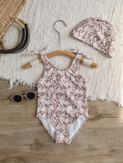 ベビー用水着 One-piece swimsuit pear brown flower / 80 ガールズ水着 ノースリーブワンピーススイムウェア ラッシュガード【mh0009316】