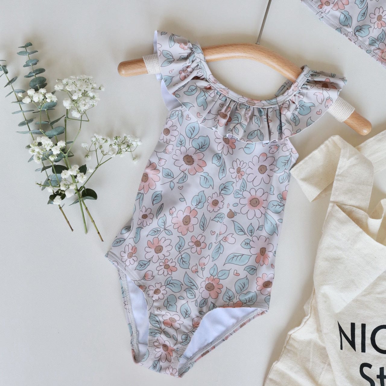 ベビー用水着 One-piece swimsuit with beige flowers / 80 ガールズ水着 ノースリーブワンピーススイムウェア ラッシュガード【mh0009319】