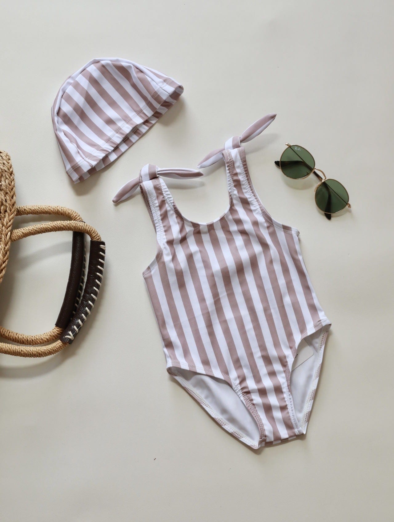 ベビー用水着 One-piece swimsuit with beige stripes / 80 ガールズ水着 ノースリーブワンピーススイムウェア ラッシュガード【mh0009315】