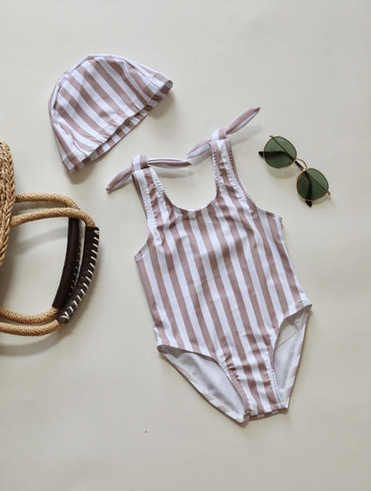 ベビー用水着 One-piece swimsuit with beige stripes / 80 ガールズ水着 ノースリーブワンピーススイムウェア ラッシュガード【mh0009315】