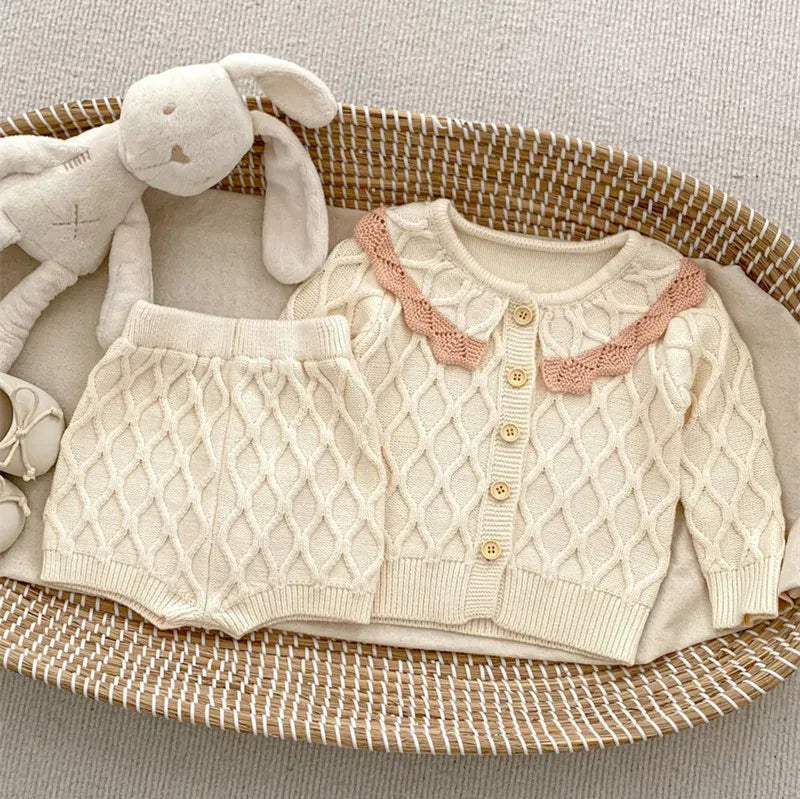 長袖セットアップ one set apricot / 6M (66cm) ベビーセットアップ 2点セット ニットスーツ フリルカーディガン ショートバルーンパンツ ピンク アプリコット 2カラー