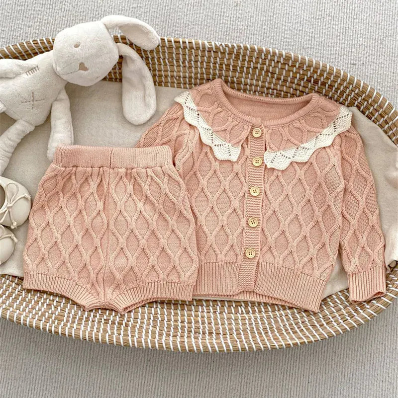 長袖セットアップ one set pink / 6M (66cm) ベビーセットアップ 2点セット ニットスーツ フリルカーディガン ショートバルーンパンツ ピンク アプリコット 2カラー