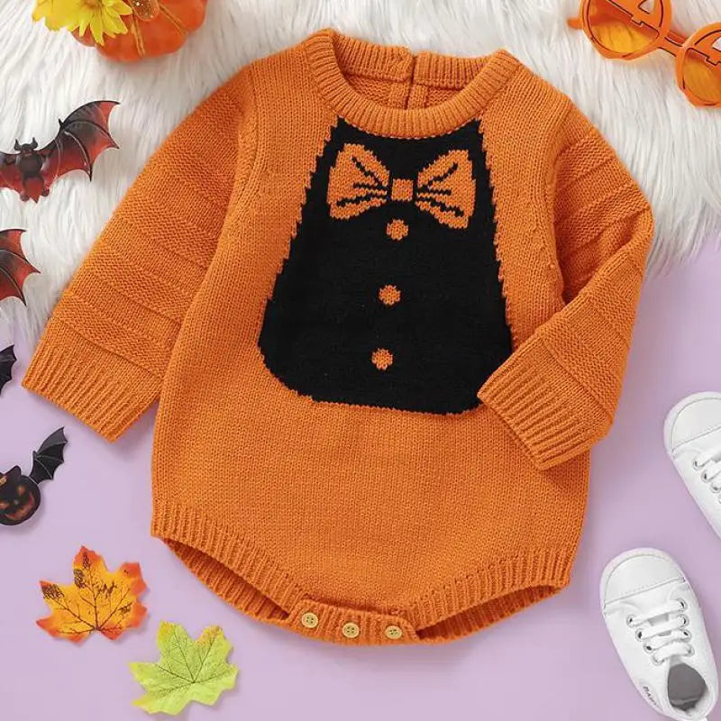 長袖ロンパース orange / 1-3M  62cm ベビーロンパース 蝶ネクタイ柄ニット長袖ボディスーツ ハロウィンHalloween 👻 2カラー