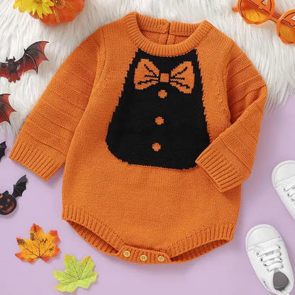 長袖ロンパース orange / 1-3M  62cm ベビーロンパース 蝶ネクタイ柄ニット長袖ボディスーツ ハロウィンHalloween 👻 2カラー