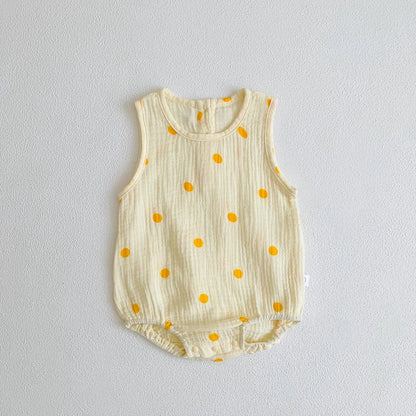 ノースリーブロンパース Orange / 3M 66cm ベビーロンパース ノースリーブボディスーツ 月ムーン/洋梨/オリーブ/水玉ドットプリント【mh0005689】