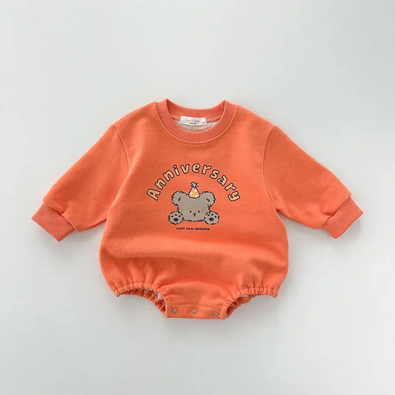 長袖ロンパース orange / 66cm ベビーロンパース 長袖ボディスーツ ベアくまプリント オレンジ/グレー/2カラー