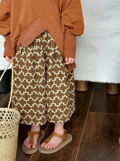 ロングパンツ・スウェットパンツ Orange / 80cm 9-12m キッズパンツ ワイドルーズ クロップドパンツ レトロ北欧風フラワープリント 2カラー