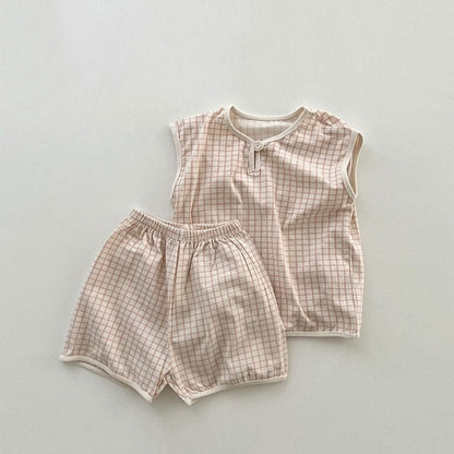 ノースリーブセットアップ orange / 80cm キッズ チェック セットアップ ノースリーブ Tシャツ ショートパンツ ボーイズ 6625
