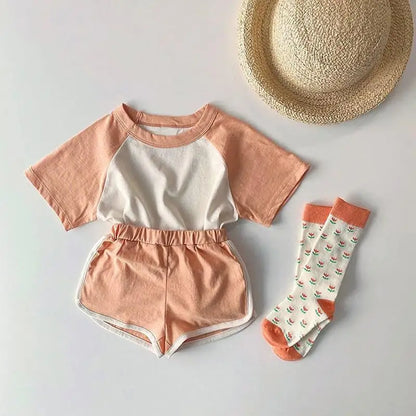 半袖セットアップ orange / 9M  73cm キッズセットアップ 2点セット パッチワーク カラフル 半袖Tシャツ+ショートパンツ ユニセックス