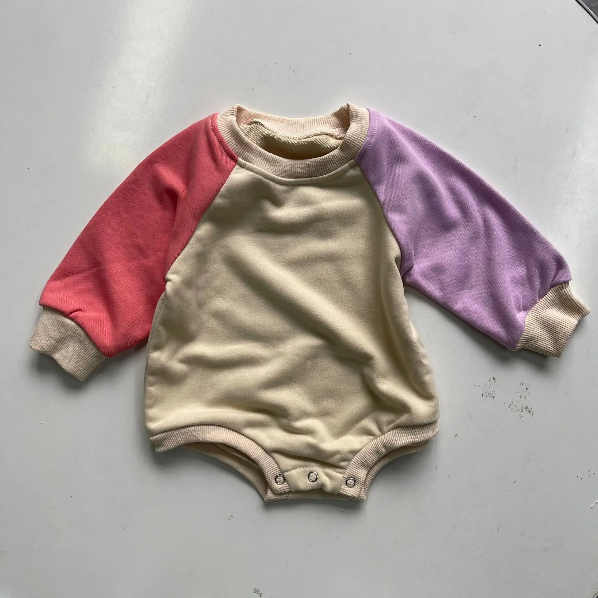 長袖ロンパース orange pink / 6M  66cm ベビーロンパース ラグランパッチワーク長袖ボディスーツ【mh-0008718】