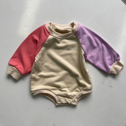 長袖ロンパース orange pink / 6M  66cm ベビーロンパース ラグランパッチワーク長袖ボディスーツ【mh-0008718】