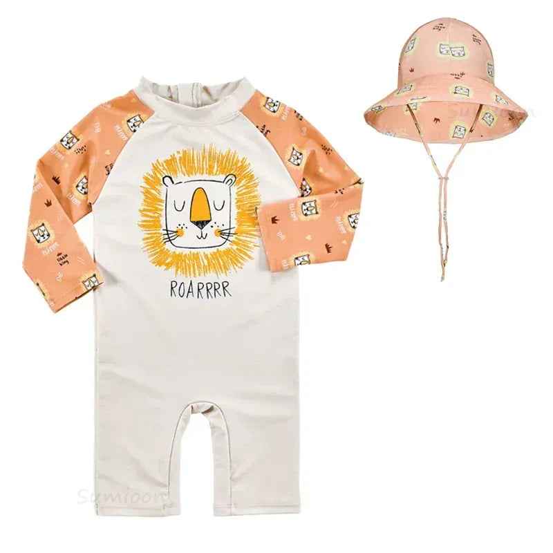 ベビー用水着 orangelion with hat / 1-2Yrs キッズ水着 帽子セット 長袖ラッシュガード つなぎ ワンピース アニマル フラワープリント スイムウェア