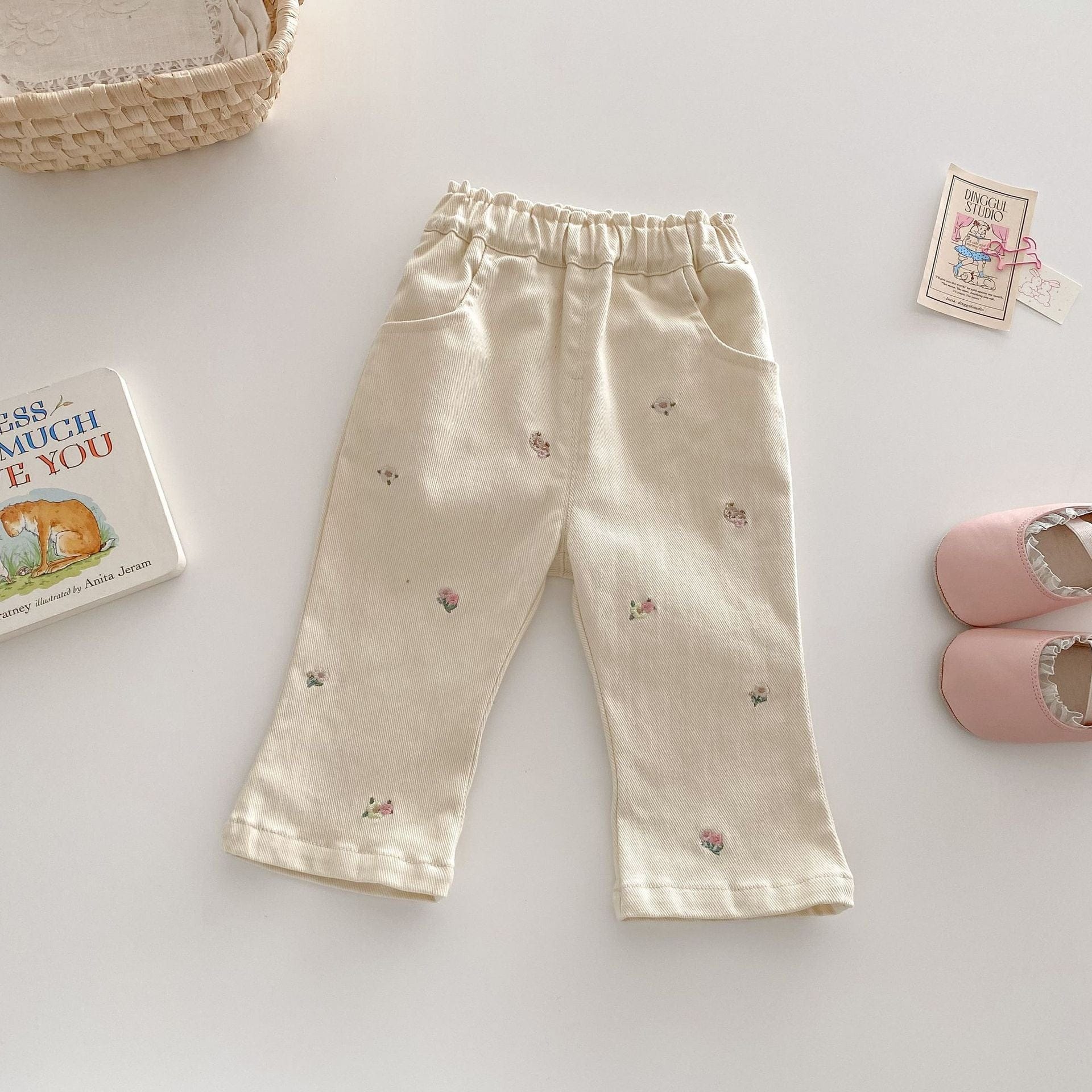 長袖セットアップ pants / 73cm キッズパンツ フラワー刺繍ホワイトデニムロングパンツジーンズ【mh0009199】