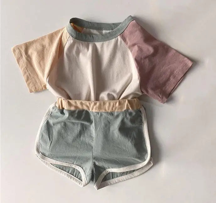 半袖セットアップ patchwork green / 9M  73cm キッズセットアップ 2点セット パッチワーク カラフル 半袖Tシャツ+ショートパンツ ユニセックス