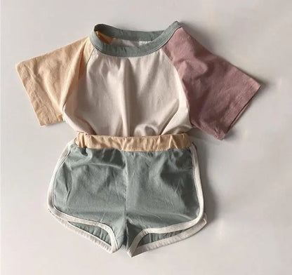 半袖セットアップ patchwork green / 9M  73cm キッズセットアップ 2点セット パッチワーク カラフル 半袖Tシャツ+ショートパンツ ユニセックス