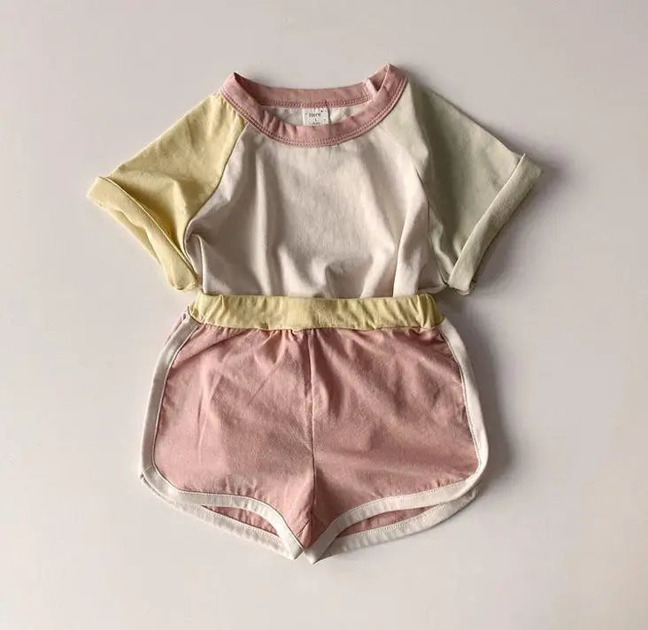 半袖セットアップ patchwork pink / 9M  73cm キッズセットアップ 2点セット パッチワーク カラフル 半袖Tシャツ+ショートパンツ ユニセックス