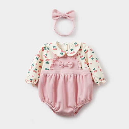 長袖ロンパース Pink / 0-6M 66cm ベビーロンパース リボンヘアバンドセット ドッキング長袖ボディスーツ フリル リボン チェリー ピンク【mh0006457】