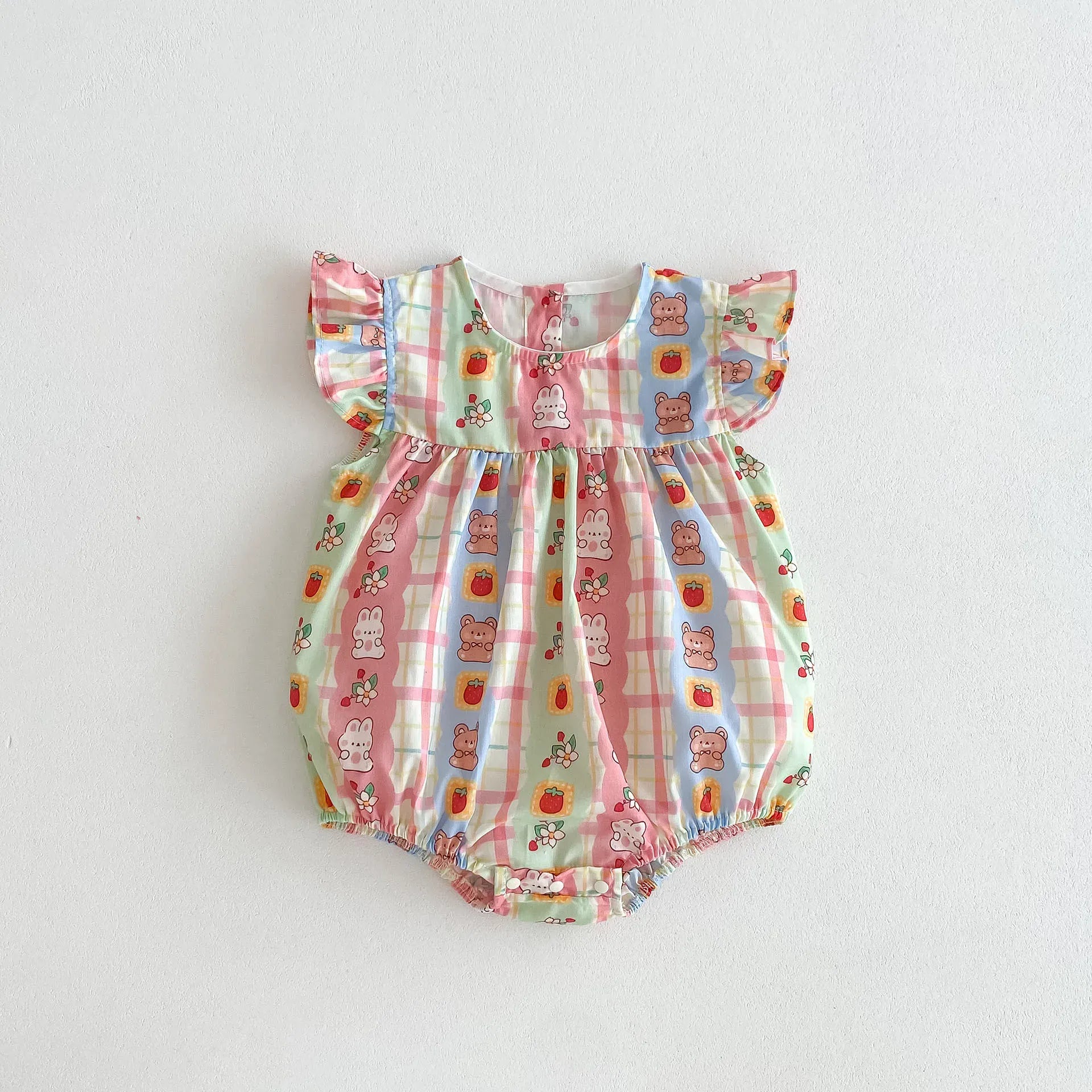 半袖ロンパース Pink / 0-6M 66cm ベビーロンパース フリルスリーブボディスーツ くまベアうさぎ ストライプ レトロプリント【mh0006546】