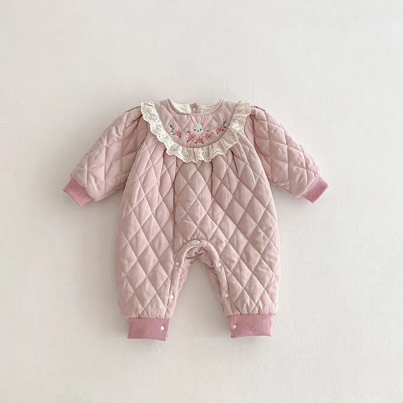 アウタージャンプスーツ Pink / 0-6M 66cm ベビーアウタージャンプスーツ うさぎ刺繍キルティング長袖アウターボディースーツ ピンク【mh0007688】