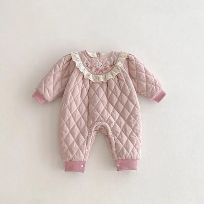 アウタージャンプスーツ Pink / 0-6M 66cm ベビーアウタージャンプスーツ うさぎ刺繍キルティング長袖アウターボディースーツ ピンク【mh0007688】