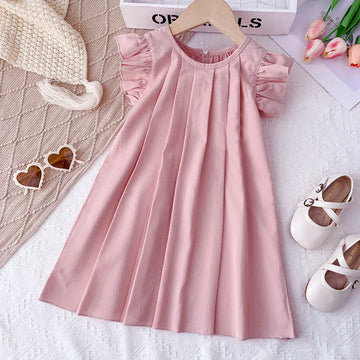 半袖ワンピース pink / 100cm キッズワンピース フリルスリーブ タックワンピース ピンク