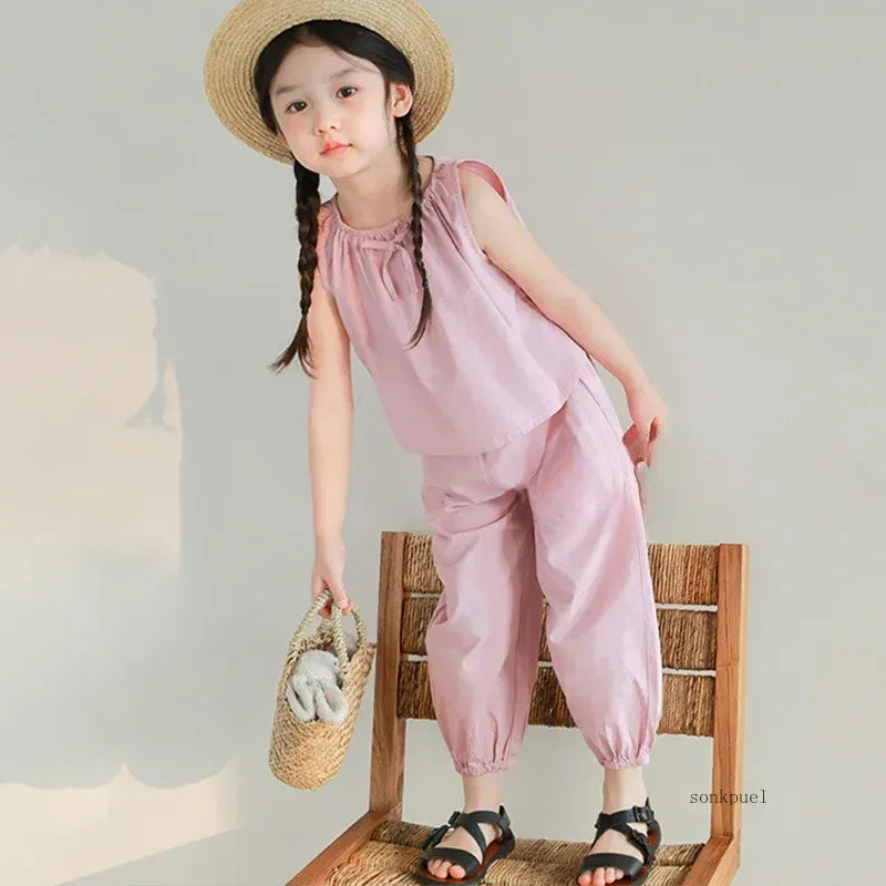 ノースリーブセットアップ Pink / 120cm キッズセットアップ 2点セット ノースリーブブラウス+ルーズクロップドパンツ 3カラー【mh0006117】