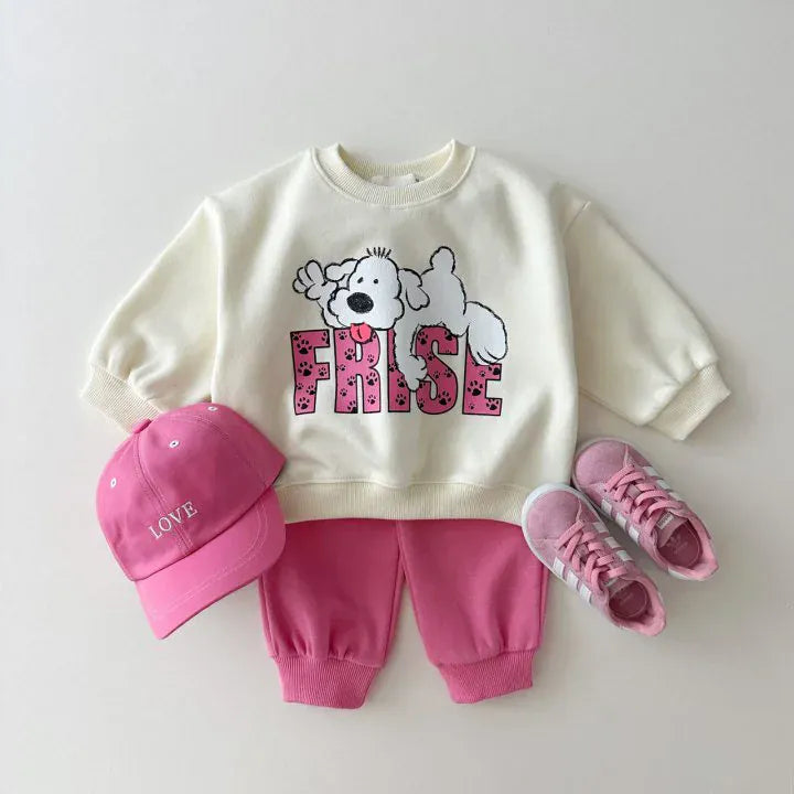 長袖セットアップ pink / 12M  80cm キッズセットアップ 2点セット スウェットシャツ+スウェットパンツ 犬ドッグプリント 2カラー