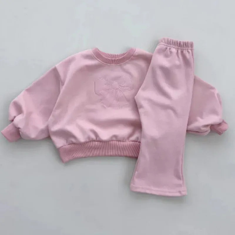 長袖セットアップ pink / 12M  80cm キッズセットアップ 2点セット スウェットシャツ フレアパンツ リボン刺繍 長袖パフスリーブトレーナー 3カラー