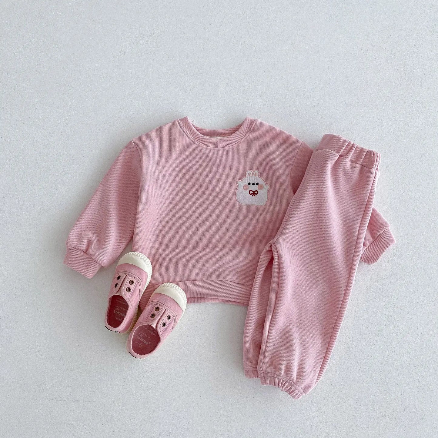 長袖セットアップ pink / 12M  80CM キッズセットアップ 2点セット スウェットトレーナー+スウェットパンツ アニマル刺繍 4カラー