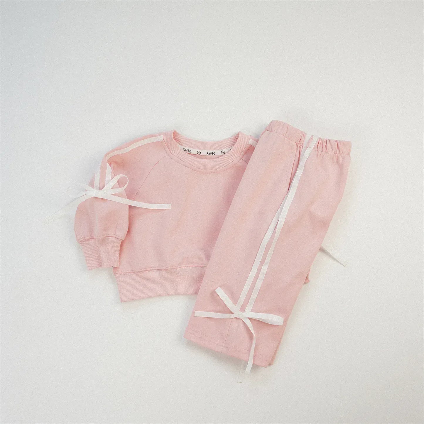 長袖セットアップ Pink / 12M  80CM キッズセットアップ 2点セット スウェット ジャージ リボンライン 長袖スウェットシャツ+ロングパンツ 4カラー【mh0006347】