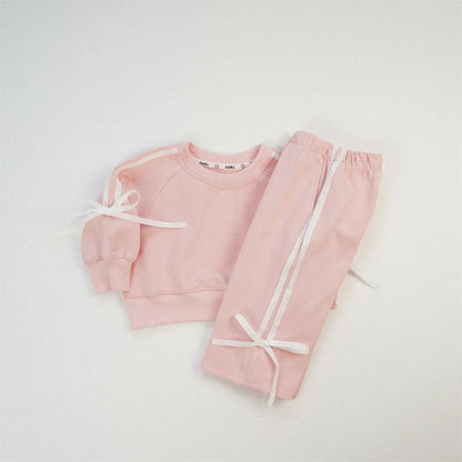 長袖セットアップ Pink / 12M  80CM キッズセットアップ 2点セット スウェット ジャージ リボンライン 長袖スウェットシャツ+ロングパンツ 4カラー【mh0006347】