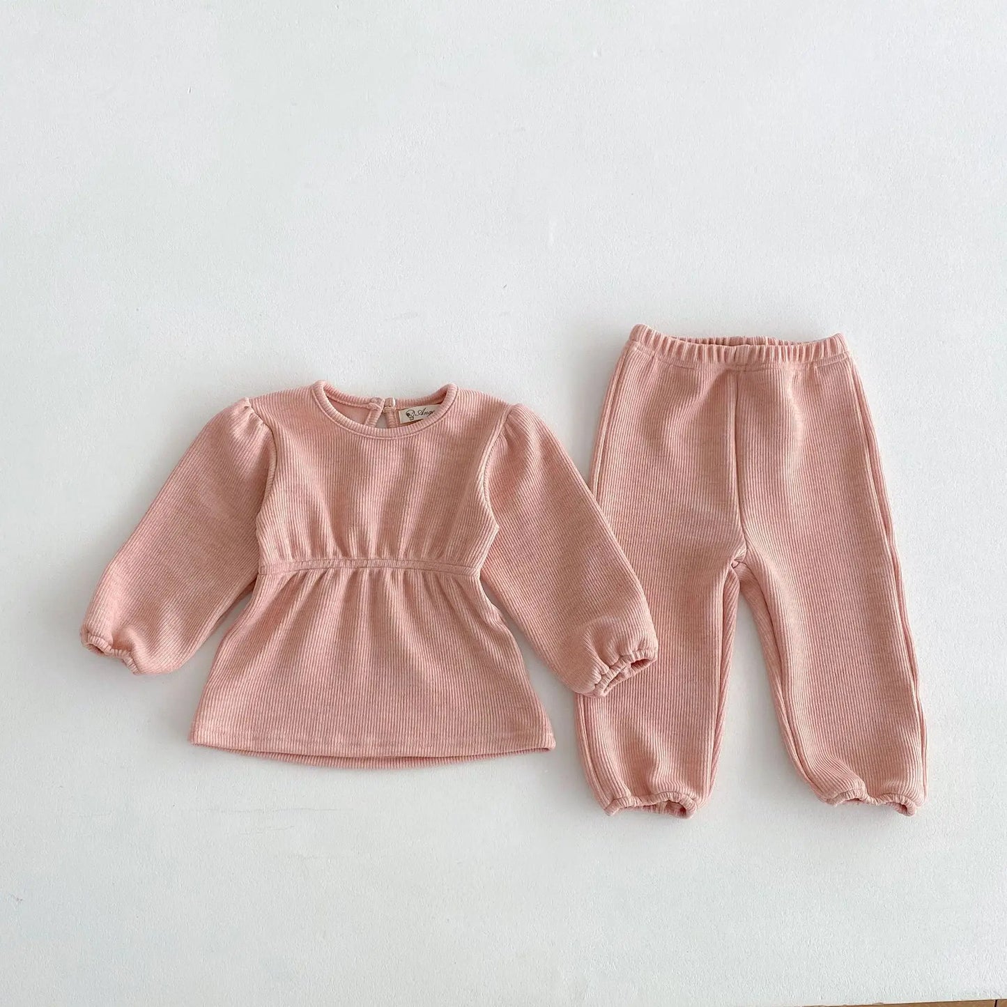 長袖セットアップ pink / 12M  80CM キッズセットアップ 2点セット 長袖パフスリーブチュニックTシャツ+ロングパンツ 3カラー