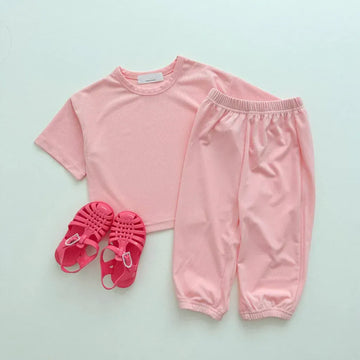 半袖セットアップ Pink / 12M  80CM キッズセットアップ 2点セット 半袖Tシャツ+ロングパンツ シンプルベーシック 無地 4カラー【mh0005570】