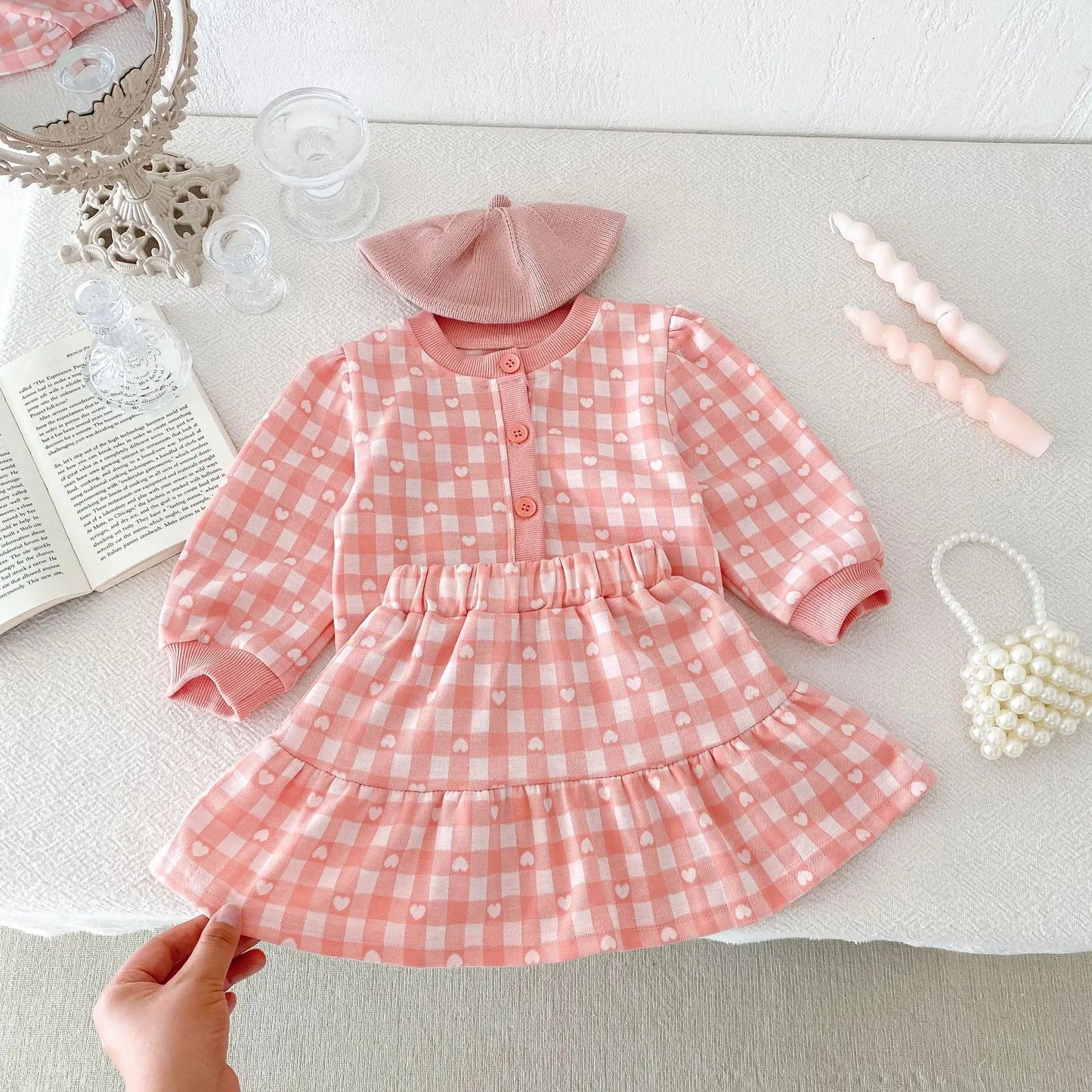 長袖セットアップ pink / 12M  80cm / 取り寄せ（7〜30日） キッズセットアップ 2点セット ハートチェック長袖カーディガントップス+スカート 2カラー